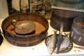 Milk settling dish & skimmer with brander fish roasting rack at National Museum of Rural Life. Kittochside, Scotland.