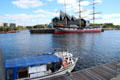 Glenlee Tall Ship at Riverside Museum with Govan Ferry on nearside of River Clyde. Glasgow, Scotland.