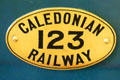 ID plate of Caledonian Railway locomotive no. 123 by Neilson & Co. of Glasgow at Riverside Museum. Glasgow, Scotland.