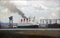 Fitting Out of Queen Mary sailing from Clydebank ship yards painting by Norman Wilkinson at Riverside Museum. Glasgow, Scotland.