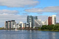 Modern highrises on bank of River Clyde west of Riverside Museum. Glasgow, Scotland.