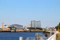 Clyde River with SSE Hydro Arena, the Armadillo, Crowne Plaza & Glasgow Arc bridge. Glasgow, Scotland.