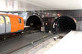 Glasgow Subway trains beveled to fit small round tunnels. Glasgow, Scotland.