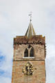 Octagonal spire & retrofitted clock atop Dunblane Cathedral tower. Dunblane, Scotland.