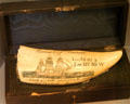 Scrimshaw carving of whaling ship Wiscasset, later converted to migrant ship & which carried Carnegie family from Glasgow to New York City in 1848 at Andrew Carnegie Birthplace Museum. Dunfermline, Scotland.
