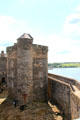 Mast tower over outer walls at Blackness Castle. Blackness, Scotland.