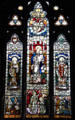 Stained glass window with Mary flanked by St Serf & St Mungo at Culross Abbey Church. Culross, Scotland.