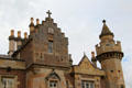Facade detail of crowstepped gable & tower at Abbotsford House. Melrose, Scotland.