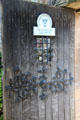 Priorwood Garden entrance with cast iron sculpture. Melrose, Scotland.