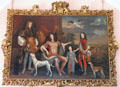 Patrick Lyon, 3rd Earl of Strathmore & Kinghorne, in classical style seated among family pointing to Glamis Castle in distance painting by Jacob de Wet in great hall at Glamis Castle. Angus, Scotland.