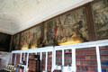 Sculpted ceiling, tapestries & bookshelves in billiard room / library at Glamis Castle. Angus, Scotland.