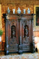 Carved cabinet in Queen Mother sitting area at Glamis Castle. Angus, Scotland.