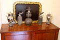 Sideboard with tea urns, seltzer bottles & coffee percolator before enameled tray at Hill of Tarvit Mansion. Cupar, Scotland.