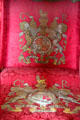 British & Scottish royal crests on bed canopy in Ambassador's room at Scone Palace. Perth, Scotland.