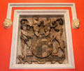 Family coat of arms of 1st Lord of Scone carved in stone in slip gallery at Scone Palace. Perth, Scotland.