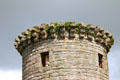 Tower crenellation details at Caerlaverock Castle. Caerlaverock, Scotland