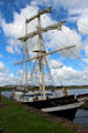 La Malouine two-masted sailing ship on River Nith. Caerlaverock, Scotland.