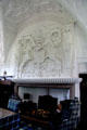 The Hall with sculpted plaster royal arms over fireplace at Craigievar Castle. Alford, Scotland.