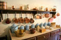 Copper pans & ceramic food containers at Crathes Castle. Crathes, Scotland.