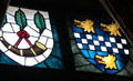 Stained glass crests at Crathes Castle. Crathes, Scotland.
