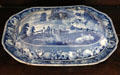 Blue serving dish with cover decorated with rural thatch cottage at Drum Castle. Drumoak, Scotland.