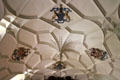 Sculpted plaster ceiling with coats of arms in Gallery at Fyvie Castle. Turriff, Scotland.