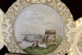 St Regis, Mohawk town in Quebec painted on porcelain plate of set given by Canadian Parliament to Countess of Aberdeen at Haddo House. Methlick, Scotland.