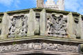 Mercat Cross parapet carving of arms of city & crown by John Montgomery of Old Rayne on Castlegate square. Aberdeen, Scotland.