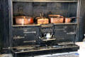 Kitchen range with copper pans at Brodie Castle. Brodie, Scotland.