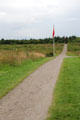 Flags mark initial position of English line of troops at Culloden Battlefield. Culloden Moor, Scotland.