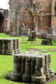 Column remnants & carved stone figures at Elgin Cathedral. Elgin, Scotland.