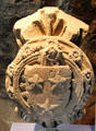 Vault boss with Bishop of Moray's arms in museum at Elgin Cathedral. Elgin, Scotland.