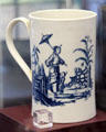 Caughley Porcelain cylindrical mug transfer printed with cobalt blue 'Promenade Chinoise' scene at Coalport China Museum. Ironbridge, England.