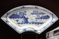 Caughley Porcelain fan shaped dessert dish painted with cobalt blue mock Chinese scene at Coalport China Museum. Ironbridge, England.