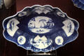 Caughley Porcelain melon shaped dessert dish painted with cobalt blue mock Chinese scenes at Coalport China Museum. Ironbridge, England.