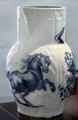 Caughley Porcelain large jug transfer printed with cobalt blue Italian rearing horse scene based on print by Antonio Tempesta at Coalport China Museum. Ironbridge, England.