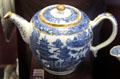 Caughley Porcelain teapot transfer printed with cobalt blue mock Chinese Pagoda pattern & gilt lines at Coalport China Museum. Ironbridge, England.