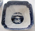 Caughley Porcelain large square salad bowl transfer printed with view of Iron Bridge at Coalport China Museum. Ironbridge, England.