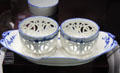 Caughley Porcelain cruet stand painted with Chantilly Sprigs pattern at Coalport China Museum. Ironbridge, England.