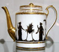 Teapot with gilt & black classical figure decoration by unmarked at Coalport China Museum. Ironbridge, England.