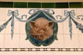 Butcher shop tile frieze of pigs` heads by T&R Boote of Burslem, Stoke at Jackfield Tile Museum. Ironbridge, England.