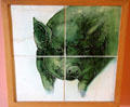 Butcher shop pig tile detail at Jackfield Tile Museum. Ironbridge, England.