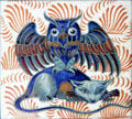 Owl capturing mammal hand-painted tile by William De Morgan at Jackfield Tile Museum. Ironbridge, England.