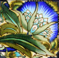 Floral hand-painted tile by William De Morgan at Jackfield Tile Museum. Ironbridge, England.