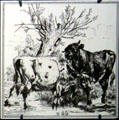 Fine line transfer-print tile of cows by W.P. Simpson for Minton Hollins & Co at Gladstone Pottery Museum. Longton, Stoke, England.