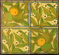 Orange & orange blossom transfer-print tiles by Maw & Co at Gladstone Pottery Museum. Longton, Stoke, England.