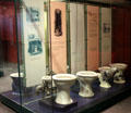 Ceramic flush water closet designs by several Staffordshire potteries in bathroom history display at Gladstone Pottery Museum. Longton, Stoke, England.