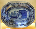 Earthenware blue printed platter depicting North Carolina by Thomas Mayer of Stoke-upon-Trent, Staffordshire at Potteries Museum & Art Gallery. Hanley, Stoke-on-Trent, England.