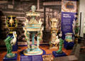 Collection of showpiece Minton of Stoke majolicas some shown at International Exhibitions at Potteries Museum & Art Gallery. Hanley, Stoke-on-Trent, England.