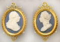 King George III & Queen Charlotte portrait medallions of Wedgwood blue jasper by William Hackwood in ormolu frames by Matthew Boulton at World of Wedgwood. Barlaston, Stoke, England.